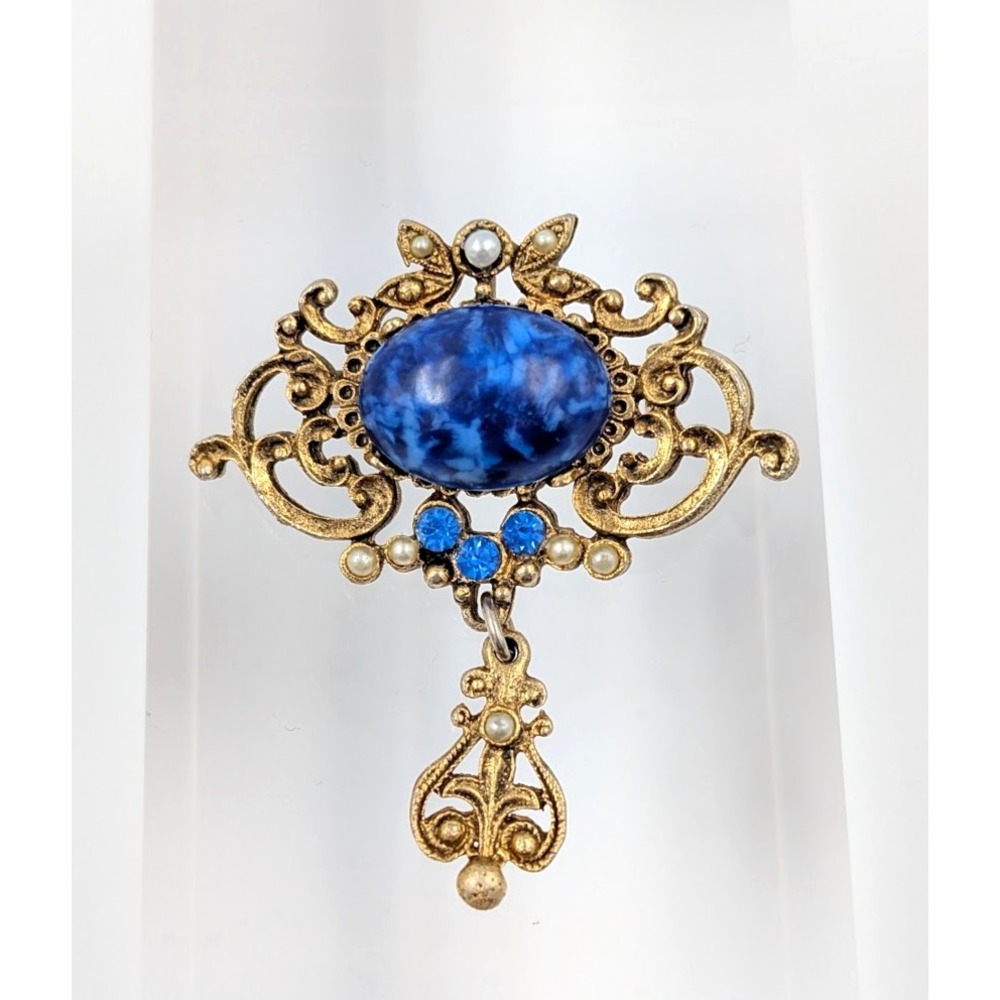 Vintage Blue Cabochon Brooch Gold Tone Dangle Ornate‎ Victorian Revival